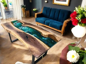 30"x48" Custom Green Epoxy Resin Stunning Dining Table Sofa Centerpiece Wood Top - Picture 1 of 10