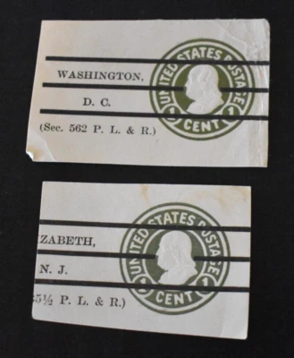 2 - 1917 - U.S. Envelope Cuts Sc# U421 1 Cent Franklin Precancels - Used - Image 1 of 2