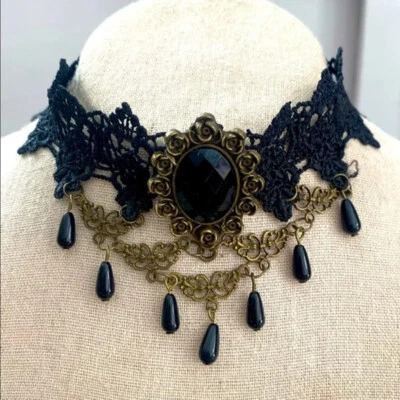 Victorian Goth Style Black Lace Drape Chain Bronze Tone Choker Necklace - Image 1 of 4