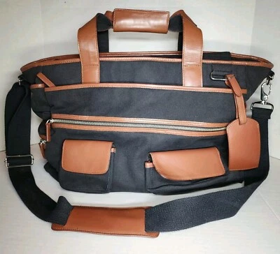 VTG Levenger Large Duffle Tote Bag Men/Women Black Canvas & Brown Leather 21" EX - Image 1 of 4