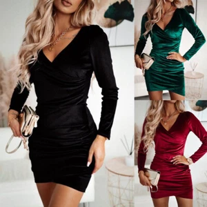 Women Sexy Wrap V Neck Bodycon Clubwear Evening Cocktail Party Ruched Mini Dress - Picture 1 of 22