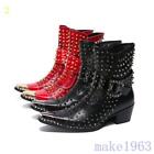 Men's Leather Cowboy Ankle Boots Rubber Metal Pointed Toe Buckle Rivets Shoes