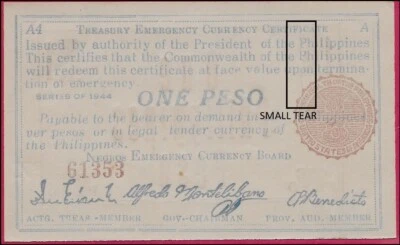 PHILIPPINES (GUERRILLA) 1 PESO 1944 NEGROS PROVINCE EMERGENCY CURRENCY BOARD,BLU - Image 1 of 2