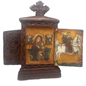 Vintage ETHIOPIAN Orthodox Hand Carved Wood Icon Virgin Mary Jesus Angels  - Picture 1 of 6