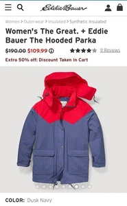 MSRP $199 Women's The Great. + Eddie Bauer The Hooded Parka Dusk Navy Medium - Picture 1 of 8