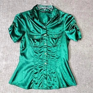 Cotton Works Kelly Green Silk Button-Up Shirt Size M Short Sleeve Ruched Pockets - Picture 1 of 8