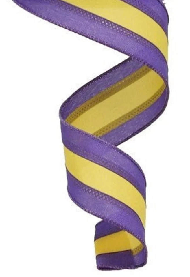 Purple & Yellow Stripe WIRED Ribbon LSU ribbon 4 yds ships free - Image 1 of 1