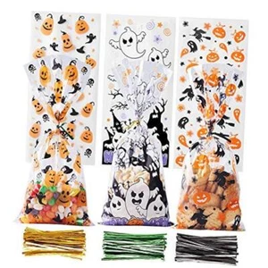 Cellophane Treat Bags, 150pcs Plastic Clear Candy Bags with 300pcs Halloween - Picture 1 of 7