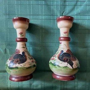 Antique Clambroth Opaque Vases Peacock Enamelled Hand Painted Ex/con - Picture 1 of 24