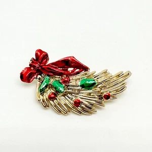 Christmas Bow Swag Brooch Pin Unbranded Gold Tone Red Green Enamel Vintage - Picture 1 of 8
