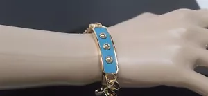 Women's Jewelry ID Bracelet Blue Leather/Gold 7.5" Yellow Gold over Sterling $68 - Picture 1 of 5