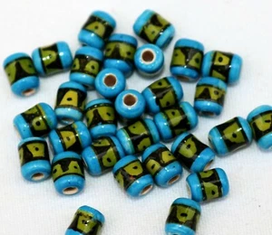 25 Keramik Perlen Peru 7 mm Walze,Zylinder Perle blau grün Inka Indianer Schmuck - Bild 1 von 2