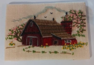 Vintage Jiffy Sunset Stitchery Crewel Spring Barn #780 Completed 5"x7" - Picture 1 of 5