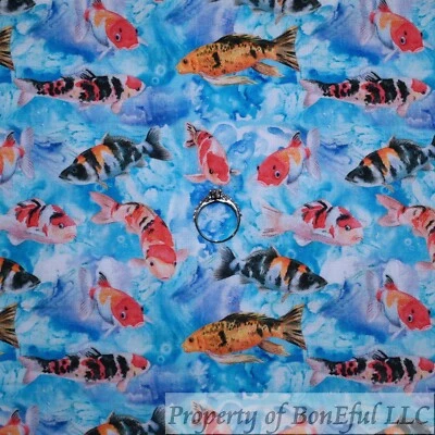 BonEful Fabric FQ Cotton Quilt Aqua Blue Gold Fish Sea Water Ocean Scenic Sushi - Image 1 of 4
