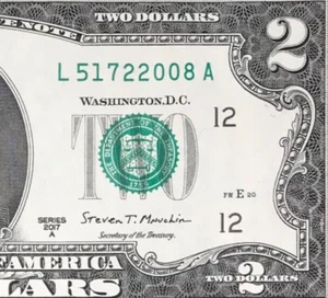 TRAILING YEAR 2008 : L 5172 2008 A $2 Two Dollar Bill (SF 2017A) *UNC* - Picture 1 of 3