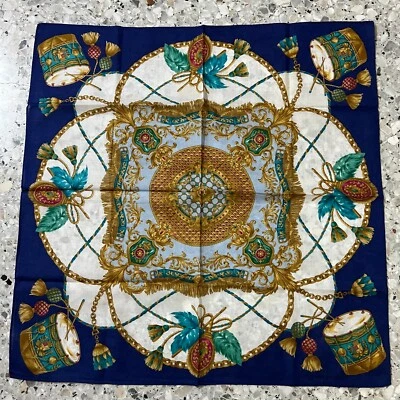 MEN BLUE HANKY COTTON VTG POCKET SQUARE 19" CLASSIC ART GOLD BAROQUE MUSIC DRUMS Foto 1 de 3