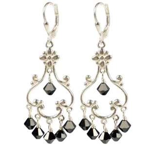 Sterling Silver Dangle Earrings made with Jet Black Swarovski Crystal Elements - Picture 1 of 1