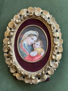 Antikes Künstler signiertes Miniaturgemälde von Mutter & Kind im ovalen Rahmen Italien - Bild 1 von 8