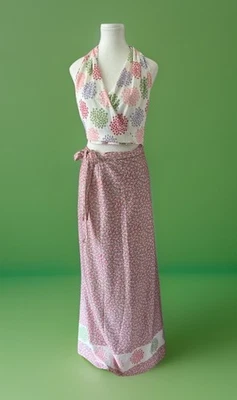 Conjunto Falda Top Halter Vintage 1960’s 1970’s Crop Flores Corazones Festival Talla L 12  Foto 1 de 4