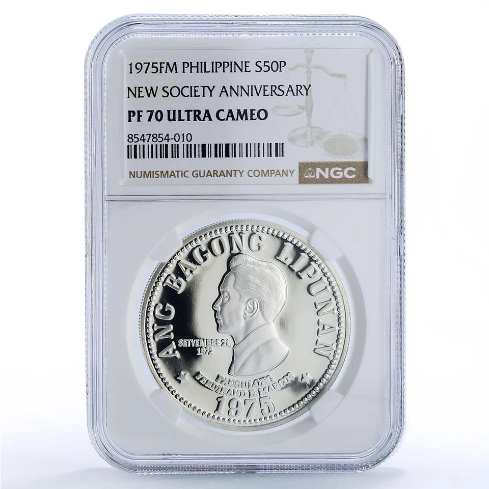 Filipinas 50 piso Nueva Sociedad Ferdinand E. Marcos PF70 NGC moneda de plata 1975 Foto 1 de 4