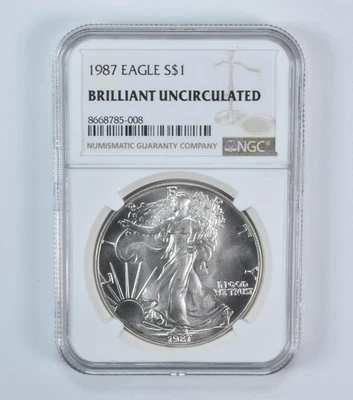 American Silver Eagle 1987 BU NGC etiqueta marrón Foto 1 de 4