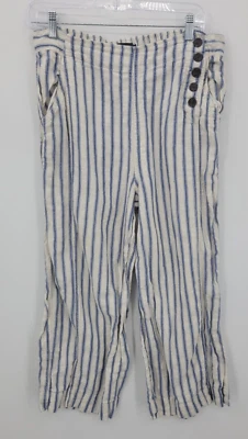 Tahari Pants Womens Large Blue Stripe Linen Wide Leg Button Detail Waist Beach - Image 1 of 4