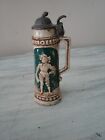 Mini St Schutz Germany 3" Stoneware Beer Stein W/ Attached Pewter Lid Very Good