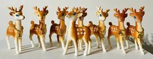 Vintage Plastic Christmas Reindeer x 8 with Gold Bell Moveable Head Rare Set - Picture 1 of 12