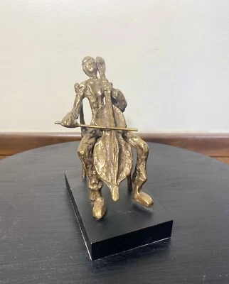 Vintage Brutalist Brass Musician Playing Cello Tabletop Sculpture man Base 1996 - Image 1 of 4