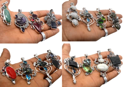 Assortito Naturale Mix Gemma Ciondolo Lotto Gioielli Hippie Placcati Argento - Immagine 1 di 3