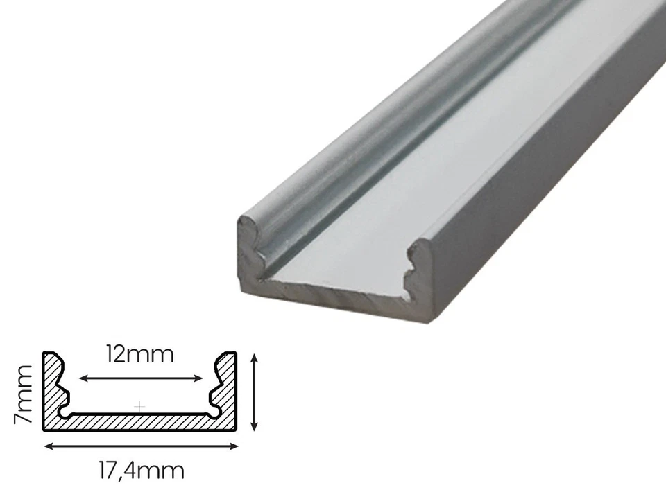 Profilo in Alluminio 3mt Piatto Tipo U  17,4X7mm Interno 12mm per Strisce Led - Immagine 1 di 1