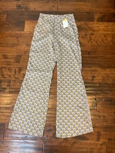 Zara Cream Satin Green Purple Pineapple High Waist Flare Leg Pants, Size Small - Picture 1 of 3
