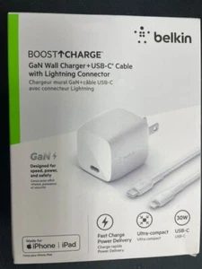 Belkin 30W GaN Wall Charger USB-C to USB-C Cable for iPhone 15 Plus 15 Pro Max - Picture 1 of 5