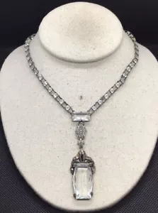 Victorian Sterling 925 Cut Glass Onyx Marcasite Pendant Necklace16" P154 "AS IS" - Picture 1 of 4
