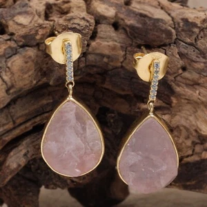 Rough Rose Quartz Dangle Earring Gold Plated Sterling 925 Silver Jewelry - Picture 1 of 3