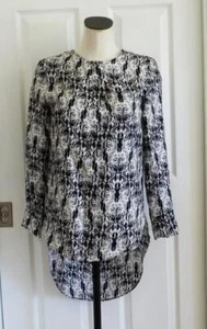 Thomas Wylde Silk Black White Punk Chic Art to Wear Hi-Low Hidden Snap Top S EUC - Picture 1 of 12