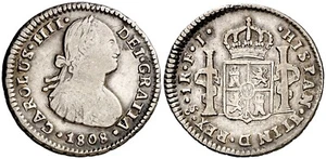 SC-Spain-Carlos IV. 1 real 1808 FJ. SANTIAGO de Chile. Plata 3,23 g. MUY ESCASA - Imagen 1 de 3