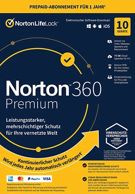 NORTON 360 PREMIUM 2025, 10 Geräte 1 Jahr 75GB Cloud DE ABO SOFORT EMAIL - Bild 1 von 4