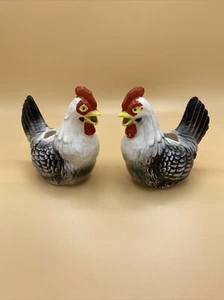 RARE ROYAL JAPAN 4” BLACK & WHITE HEN ROOSTER CHICKENS FIGURINES - Picture 1 of 12