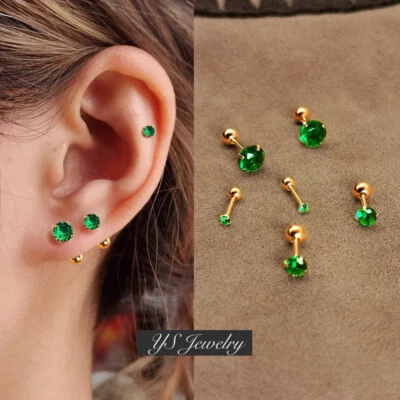 Women Tiny Green CZ Diamond Screw Back Stud Earrings Surgical Steel Jewelry Gift - Image 1 of 4