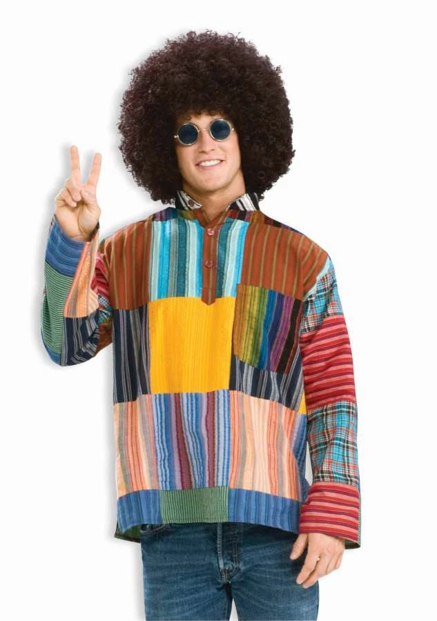 Camisa Hippie Patchwork Multicolor Cuello Nehru Groovy Túnica Estilo Camisa Med Foto 1 de 1