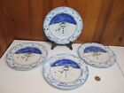 4 Century Ceramic 7 3/4" Blue Christmas Salad Plates Snowman Snowflake Rim NEW