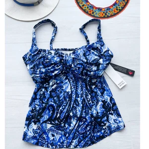 BADGLEY MISCHKA Casbah Twist Paisley Tankini SWIM Top BLUE Lycra NWT $150 Size 8 - Picture 1 of 12
