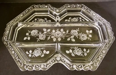 Fostoria Etched Glass Serving Tray, Divided, Midnight Rose Pattern - Image 1 of 4