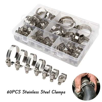 60PCS/Box Adjustable Hose Clamps Worm Gear Stainless Steel Clamp Assortment Foto 1 de 4
