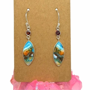 Spiny Oyster Turquoise & Garnet Earrings Solid 925 Sterling Silver - Picture 1 of 5