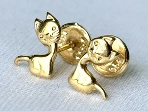 18k solid real gold Cat earrings - screw back - Picture 1 of 7
