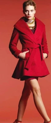 Trina Turk женщин красный шерсти кашемир подпоясанный надежном пальто размер 12 шаль воротник роскошь - Изображение 1 из 4