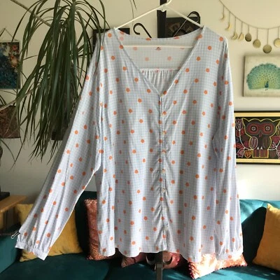 LANDS' END 尺寸 2X 蓝色格子与橙色波点弹力棉质莫代尔上衣 — 第 1/4 张图片