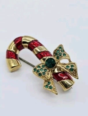 雅芳糖果甘蔗胸针圣诞胸针珐琅收藏品金色复古  — 第 1/4 张图片